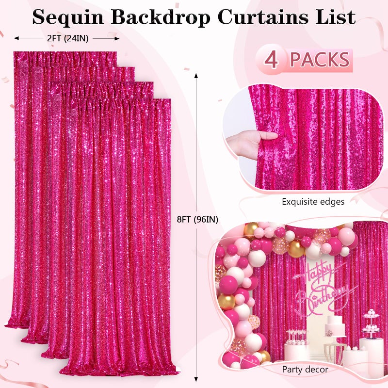 QueenDream Fuchsia Sequin Backdrop Drapes 4 Panels 2FTx8FT Glitter Backdrop Curtains for Wedding Party Stage Decorations - Image 3